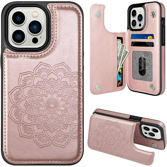 for iPhone 14 Pro Case with Card Holder, Flower Magnetic Back Flip Case for iPhone 14 Pro Wallet Case for Women, Protective Case Phone Case for iPhone 14 Pro,Rose Gold