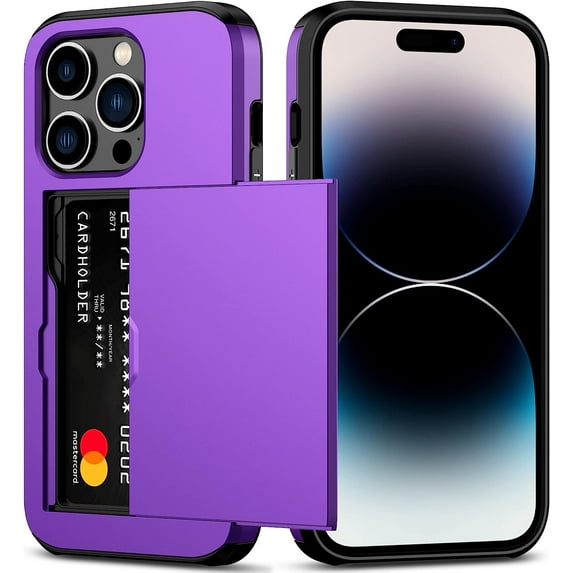 for iPhone 14 Pro Case with Card Holder Heavy Duty Protective Dual Layer Shockproof Hidden Card Slot Slim Wallet Case for iPhone 14 Pro for Women&Men(Purple)