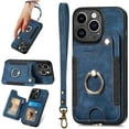 thumbnail image 1 of for iPhone 14 Pro Case Card Holder Wallet,Ring Holder Stand,RFID-Blocking,Wrist Strap,Camera Protector,Leather Shockproof Protective  14 Pro Phone Flip Cases Cover 2023 (Blue), 1 of 14