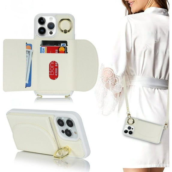 for iPhone 14 Pro Case with Card Holder for Women,for iPhone 14 Pro Phone Case Wallet with Strap,Credit Card Holder,Ring Stand,Crossbody Lanyard,RFID Blocking Phone Cases 6.1''(White)