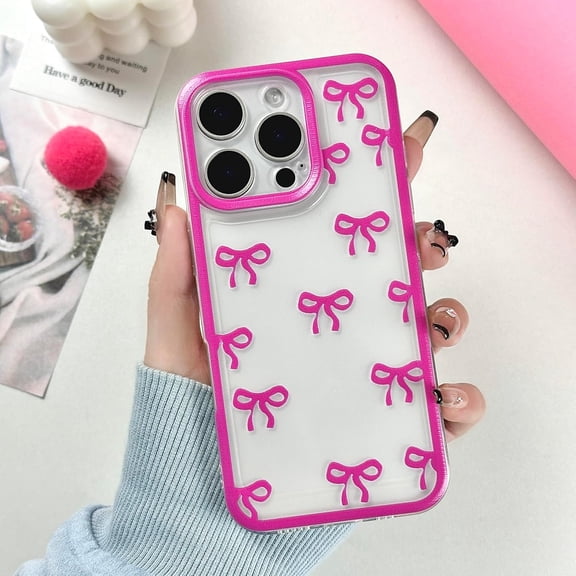 for iPhone 14 Pro Case, Clear Cute Bows Ribbon Bowknot Aesthetic Pattern for Women Girls, Transparent Full Camera Protection Slim Soft TPU Protective Cover - Hot Pink