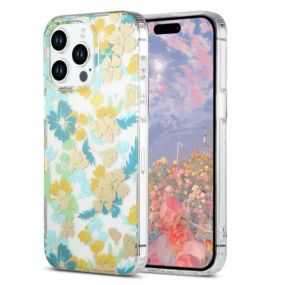 for iPhone 14 Pro Case Clear Flower Floral Women Girl Cute Phone Case Aesthetic Soft Slim Black Shockproof Protective Cover for iPhone 14 Pro Crystal Colorful Floral,Yellow Flower