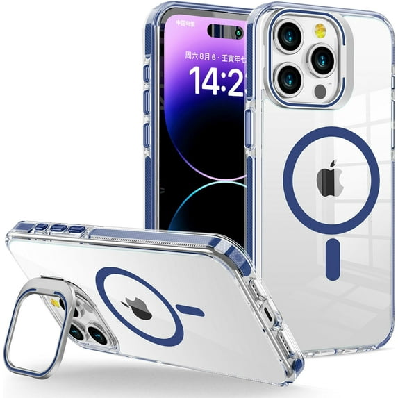 for iPhone 14 Pro Case Clear with Kickstand and Screen Protector - Compatible with Wireless Charging,21ft Military-Grade Drop TestedShockproof Slim Fit Magnetic Crystal Cover - Blue