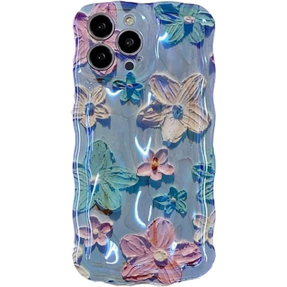 for iPhone 14 Pro Case, Colorful Retro Oil Painting Printed Flower Phone Case for Girls Women, TPU Cute Curly Wave Edge Durable Protective Phone Cover for iPhone 14 Pro, Blue Flowers