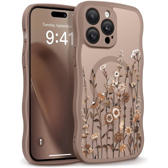 for iPhone 14 Pro Case Compatible with MagSafe [Curly Wave Edge][Full Camera Protection] Floral Translucent Shockproof Magnetic Women Phone Case for 14 Pro, Floratopia/Brown