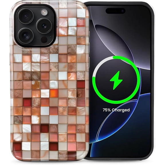 for iPhone 14 Pro Case, Compatible with MagSafe, Dual-Layer Hard Shell, Silicone Cover, Full Body Protection Shockproof Case for iPhone 14 Pro-Orange Colorful Mosaic Tile Look