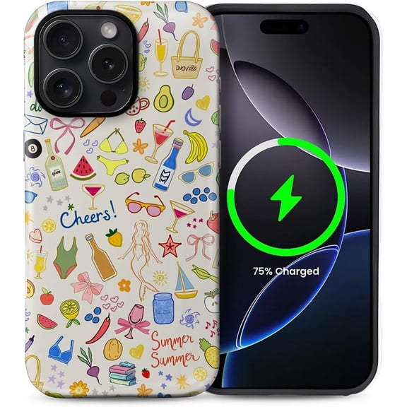 for iPhone 14 Pro Case,Compatible with MagSafe,Dual-Layer Hard Shell + Silicone Cover,Full Body Protection Shockproof Case for iPhone 14 Pro-Summer Vacation Beach Fruit Collage
