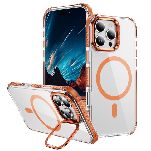 for iPhone 14 Pro Case Compatible with MagSafe, Military Grade Shockproof Heavy Duty Protective Adjustable Kickstand Ultra Clear Magnetic Phone Case for iPhone 14 Pro, Orange