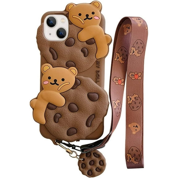 for iPhone 14 Pro Case Cookie Bear Kawaii Phone Cases,Cute iPhone 14 Pro Case with Strap Lanyard 3D Cartoon Bear Soft Silicone Protective Case Funny for iPhone 14 Pro Women Girls