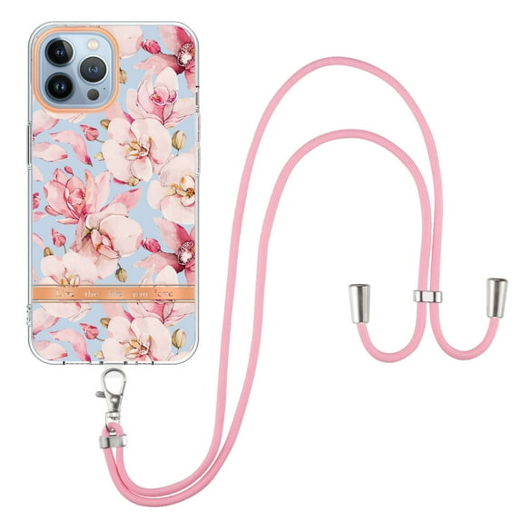 For iPhone 14 Pro Case with Crossbody Lanyard, Cute Flower Patterned Shockproof Cover with Hybrid Soft Crystal TPU Bumper, Adjustable Shoulder Neck Girls Women For iPhone 14 Pro,Pink