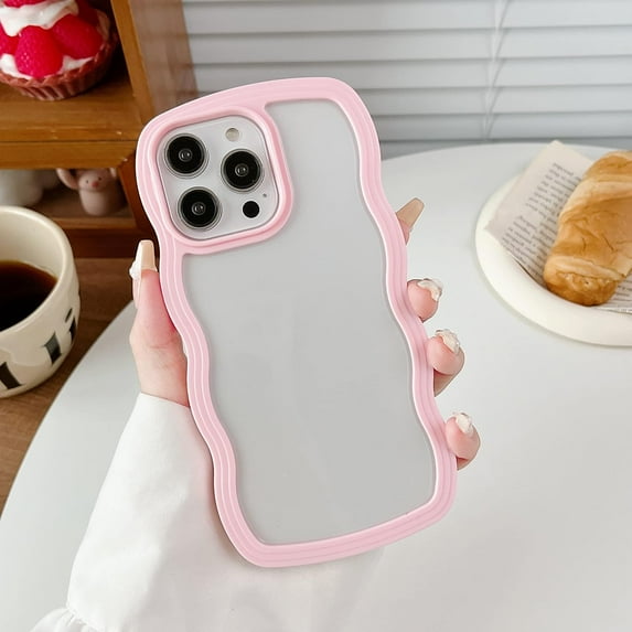 for iPhone 14 Pro Case, Curly Wave Frame Cute Phone Case Clear Wavy Aesthetic Phone Case for Women Girls Slim Soft TPU Shockproof Protective Bumper Case, Pink