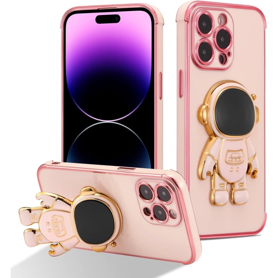 for iPhone 14 Pro Case Cute 6D Astronaut Case with Stand Function Luxury Plating Case Cover Slim Fit Soft TPU Shockproof Bumper Protective Electroplated Case for Girls Boys,6.1 inch,Pink