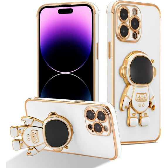 for iPhone 14 Pro Case Cute 6D Astronaut Case with Stand Function Luxury Plating Case Cover Slim Fit Soft TPU Shockproof Bumper Protective Electroplated Case for Girls Boys,6.1 inch,White