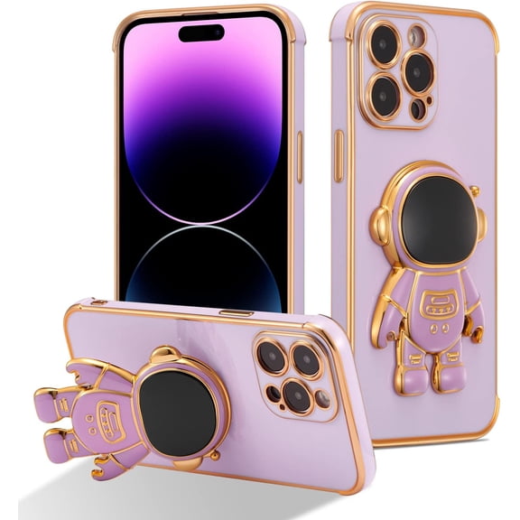 for iPhone 14 Pro Case Cute 6D Astronaut Case with Stand Function Luxury Plating Case Cover Slim Fit Soft TPU Shockproof Bumper Protective Electroplated Case for Girls Boys,6.1 inch,Purple
