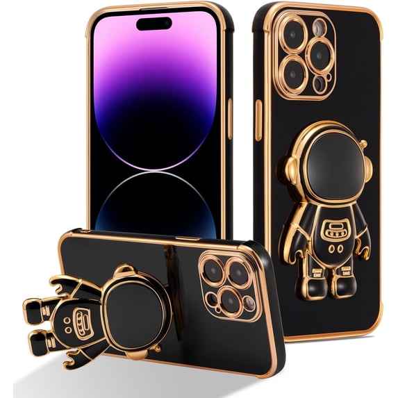 for iPhone 14 Pro Case Cute 6D Astronaut Case with Stand Function Luxury Plating Case Cover Slim Fit Soft TPU Shockproof Bumper Protective Electroplated Case for Girls Boys,6.1 inch,Black
