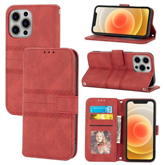 iPhone 14 Pro Case,[Flower Knurling] PU Folio Flip Wallet Magnetic Case Leather Protective Stand Cover with Wrist Strap for iPhone 14 Pro with Card Slots for Women Men,Red