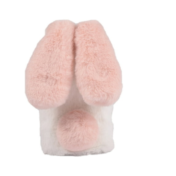 for iPhone 14 Pro Case for Girls, Luxury Women Cute Toy Warm Furry Fuzzy Soft Rabbit Ear Faux Fur Hair Plush Diamond Camera Frame Warm Winter Skin Case Cover for iPhone 14 Pro, White+Pink