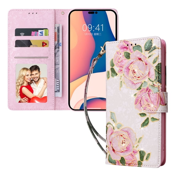 iPhone 14 Pro Case Girls Women, Wallet 3D Butterfly Flower Bronzing Shell Texture with RFID Blocking Magnetic Clasp Card Slot Shockproof Cover for iPhone 14 Pro, Pink Rose Flower