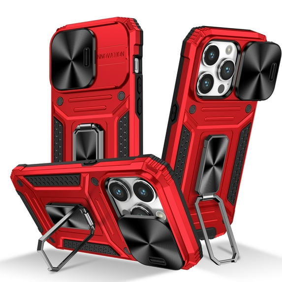 for iPhone 14 Pro Case Heavy Duty with Camera Cover, Build in Kickstand & Magnetic Car, Military Grade Armor Protection Cover,Sturdy Rugged Shockproof Case For iPhone 14 Pro, Red