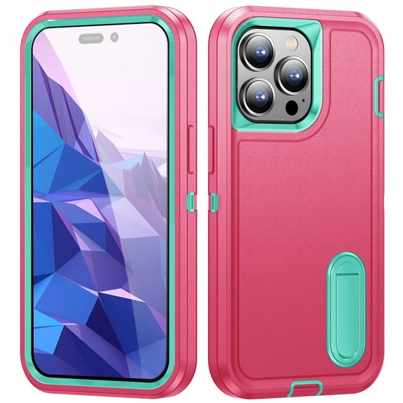 iPhone 14 Pro Case with Kickstand, 3-Layer Super Full Heavy Duty Body Bumper Cover/Shock Protection/Dust Proof, Designed iPhone 14 Pro 6.1 Inch Cover (Rose/Mint)