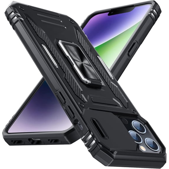 for iPhone 14 Pro Case with Kickstand with Camera Cover,Military-Grade Protection,Metal Ring Kickstand,Bumper Case for iPhone 14 Pro Case,Black 5-IP14p-01