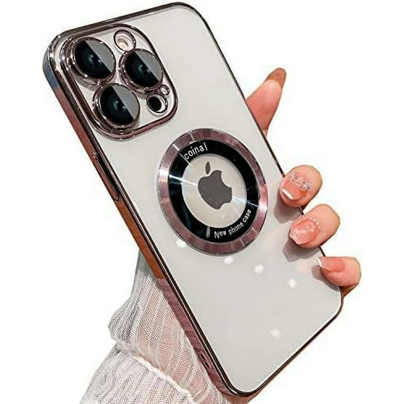 for iPhone 14 Pro Case Magnetic Compatible with Magsafe,Glass Lens Camera Protector,Logo View Hard Luxury Women Men Phone Cases for iPhone 14 Pro Transparent Plating Cover (Rose Pink)