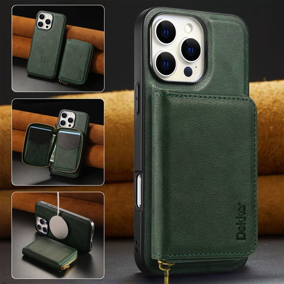 For iPhone 14 Pro Case,[Magnetic Detachable Flip Zipper Purse][Compatible with Mag-Safe] [With Card Slots] PU Leather Kickstand Shockproof Rugged Anti-fall Phone Case Cover,Green