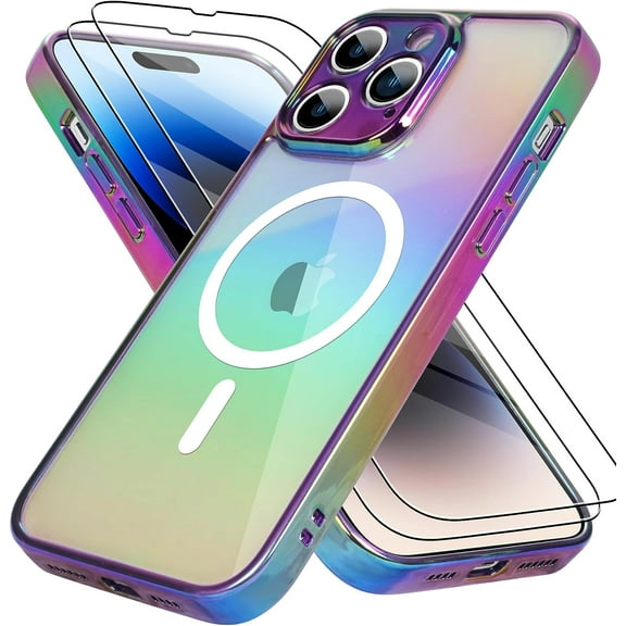 for iPhone 14 Pro Case Magnetic 【Support for MagSafe】 Bling Laser Florescent Iridescent Crystal Luxury Case Camera Protector + 2* Screen Protector Shockproof Edge Cover Case -Purple