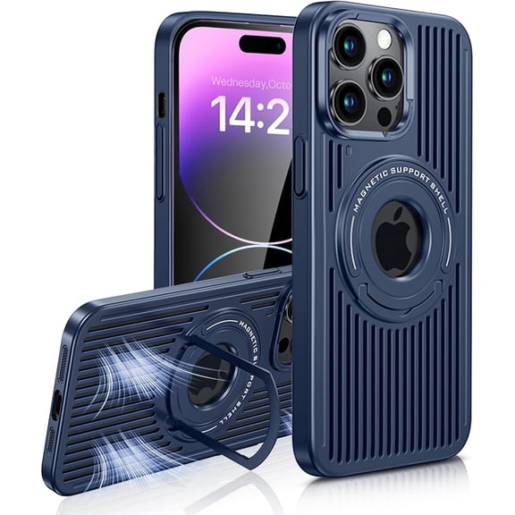 for iPhone 14 Pro Case with [Magsafe Wireless Charging],[Heat Dissipation],[Magnetic Support],[Invisible Built in Stand & Ring Holder], Shockproof Protective Case-Blue