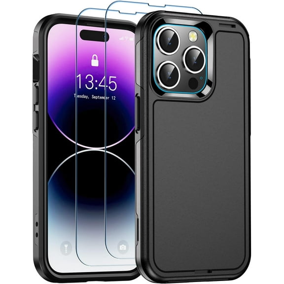 for iPhone 14 Pro Case, [Military Grade Drop Protection] [2 pcs Screen Protector & Camera Lens Protector] Full-Body Shockproof Protective for iPhone 14 Pro Phone Case 6.1 inch (Black)