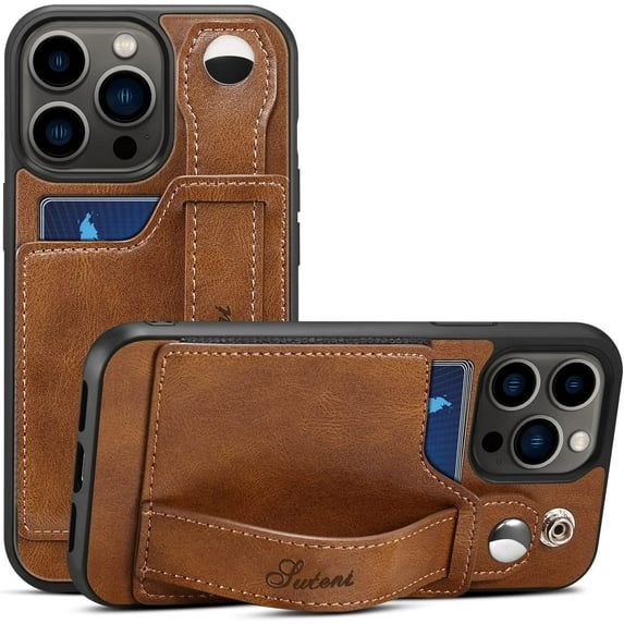 for iPhone 14 Pro Case, PU Leather Wallet Case Back with Elastic Card Slot Magnetic Clasp Kickstand Hand Strap Protective Cover for iPhone 14 Pro 6.1 inch 2022 (Brown)