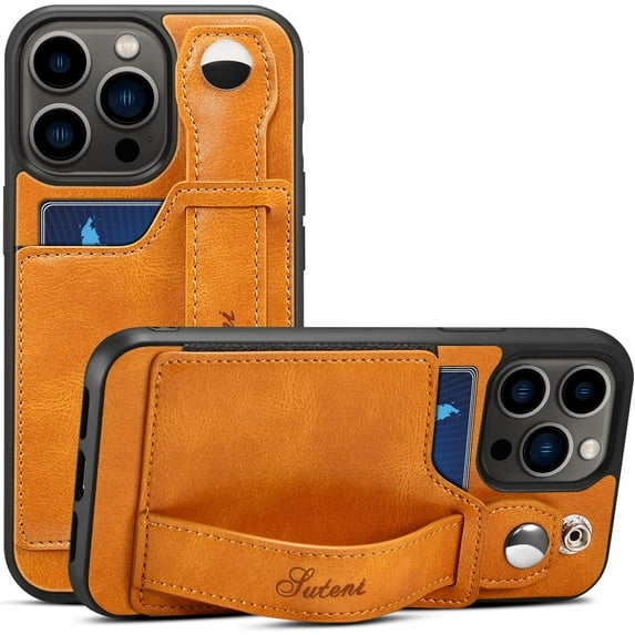 for iPhone 14 Pro Case, PU Leather Wallet Case Back with Elastic Card Slot Magnetic Clasp Kickstand Hand Strap Protective Cover for iPhone 14 Pro 6.1 inch 2022 (Khaki)