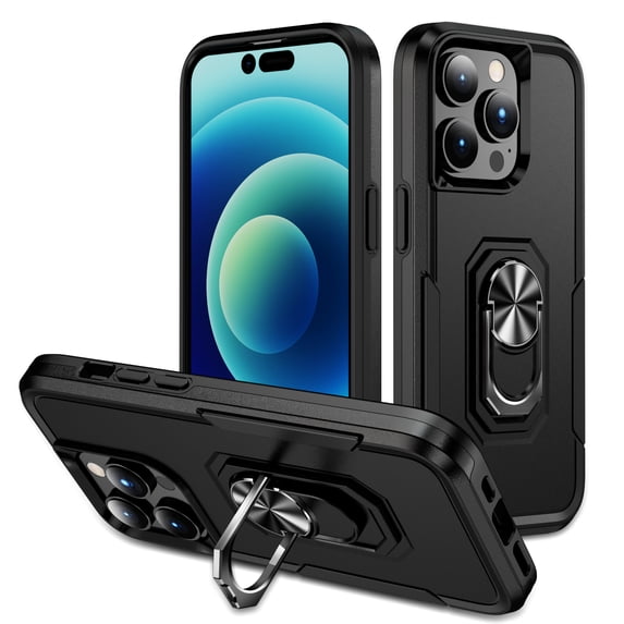 for iPhone 14 Pro Case Protective Cover,Heavy Duty Military Grade Hard Protection Shock Proof Grip | Durable Dual-Layer Design Phone Case with Built-in 360 Ring Holder Kickstand,Black