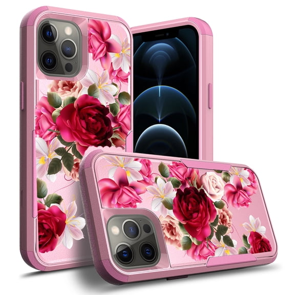 iPhone 14 Pro Case , [ Red Floral Rose ] Shockproof Heavy Duty Armor Protective Phone Cases Hard Rugged Bumper Cover for iPhone 14 Pro 6.1 inch