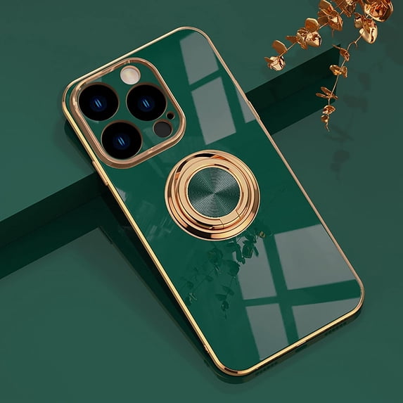 for iPhone 14 Pro Case with Ring Holder, 360 Rotatable Magnetic Kickstand Support Car Mount Slim Shockproof for Women Men Protective Phone Case for iPhone 14 Pro 6.1", Midnight Green/Gold