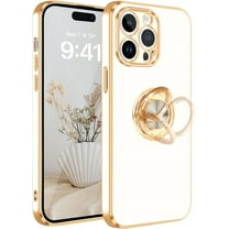 for iPhone 14 Pro Case with Ring Stand, [360° Rotatable Ring Holder Magnetic Kickstand] [Shiny Plating Gold Edge] Slim Soft TPU Shockproof Protective Cover Case for Women Men Girls, White