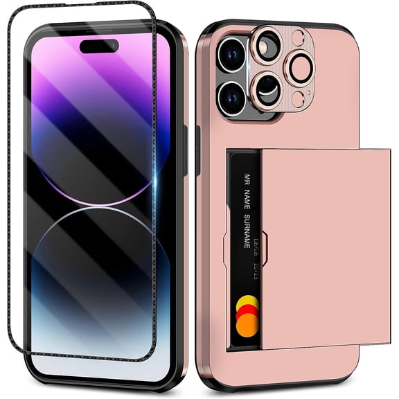 for iPhone 14 Pro Case with Screen Protector & Camera Cover 4-in-1 Hybrid iPhone 14 Pro Protective Case Wallet Card Holder Shockproof Bumper Case for iPhone 14 Pro Case, Rose Gold
