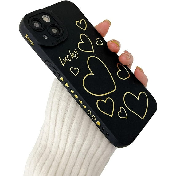 for iPhone 14 Pro Case, Side&Back Cute Plated Love Heart Case for Women Girls Gold Pattern Full Camera Lens Protection Slim Fit Soft TPU Shockproof Bumper Protective Phone Cover Case, Black