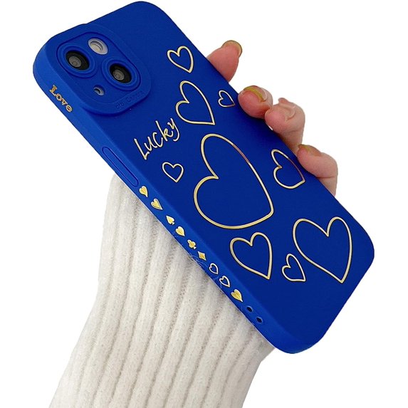 for iPhone 14 Pro Case, Side&Back Cute Plated Love Heart Case for Women Girls Gold Pattern Full Camera Lens Protection Slim Fit Soft TPU Shockproof Bumper Protective Phone Cover Case, Blue