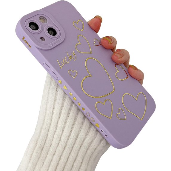 for iPhone 14 Pro Case, Side&Back Cute Plated Love Heart Case for Women Girls Gold Pattern Full Camera Lens Protection Slim Fit Soft TPU Shockproof Bumper Protective Phone Cover Case, Purple