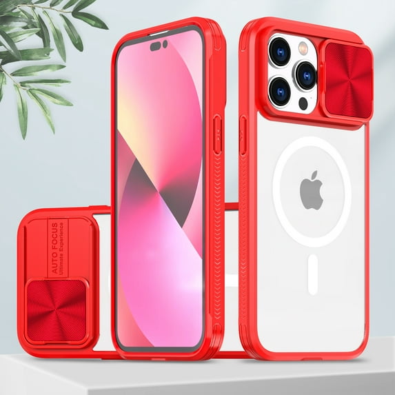 iPhone 14 Pro Case with Slide Camera Cover, Built in Magnets Compatible with MagSafe, Hybrid Clear Acrylic Back Shockproof Protective 6.1 inches Cover, Red