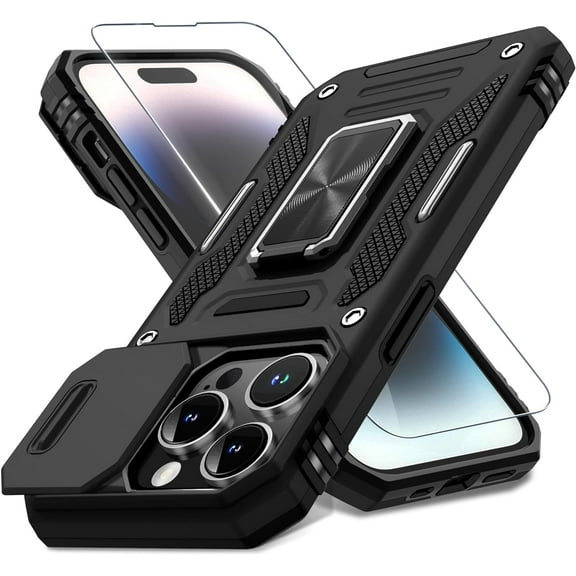for iPhone 14 Pro Case with Slide Camera Cover+Screen Protector(1 Pack),Rotated Ring Kickstand Military Grade Shockproof Protective Cover 6.1 Inch-Black