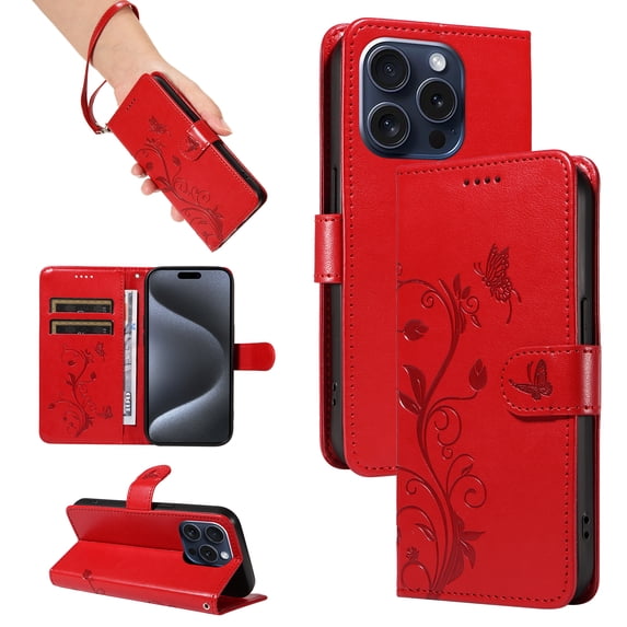 iPhone 14 Pro Case Wallet with Cards Holder,Allytech Stylish Butterfly Embossed Shockproof Protective Flip Stand Cover for Girls Women Hand Wrist Wallet Case for Apple iPhone 14 Pro - Red