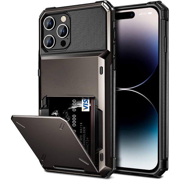 For iPhone 14 Pro Case Wallet Cover 4-Card Credit Card Holder ID Slot Scratch Resistant Dual Layer Hybrid Protective Hard Shell Rugged TPU Bumper Armor Case for iPhone 14 Pro case 6.1" Gun