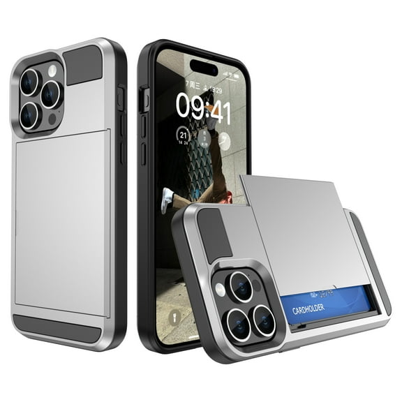 for iPhone 14 Pro Case Wallet Credit Card Holder ID Slot Sliding Door Hidden Pocket Men Anti-Scratch Dual Layer Hybrid Bumper Armor Protective Shell Back Cover For iPhone 14 Pro, Silver