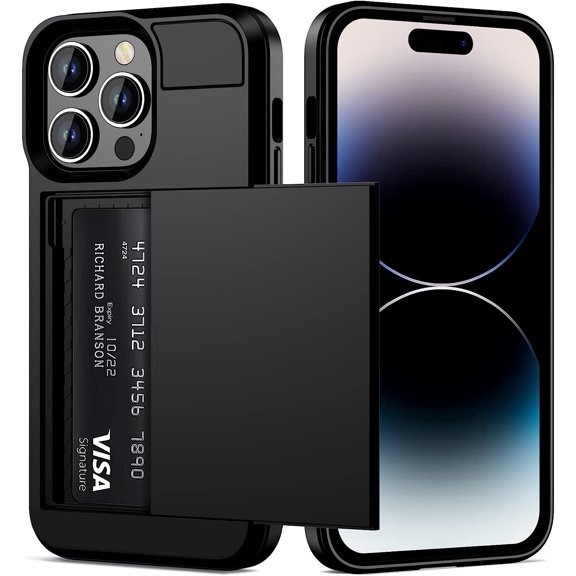 For iPhone 14 Pro Case Wallet Credit Card Holder ID Slot Sliding Door Hidden Pocket Men Women Anti-Scratch Dual Layer Hybrid Bumper Armor Protective Shell Back Cover 6.1 inch Black