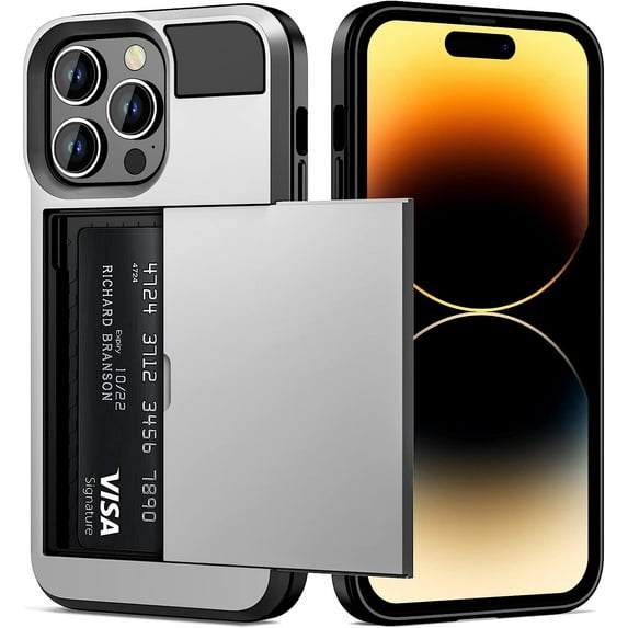 for iPhone 14 Pro Case Wallet Credit Card Holder ID Slot Sliding Door Hidden Pocket Men Women Anti-Scratch Dual Layer Hybrid Bumper Armor Protective Shell Back Cover for iPhone 14 Pro Silver