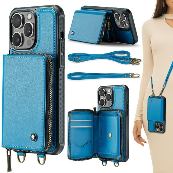 for iPhone 14 Pro Case Wallet, Crossbody Zipper Purse Handbag with RFID Blocking Card Slots Kickstand, Detachable Shoulder Lanyard Flip Style PU Leather Shockproof Case for iPhone 14 Pro,Blue