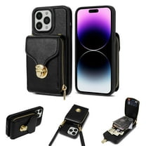 for iPhone 14 Pro Case Wallet with Shoulder Strap for Women - Crossbody Lanyard,Zipper Pocket,Credit Card Holder,Shockproof - Metal Buckle Closure Premium PU Leather Case for iPhone 14 Pro, Black
