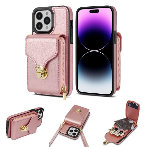 for iPhone 14 Pro Case Wallet with Shoulder Strap for Women - Crossbody Lanyard,Zipper Pocket,Credit Card Holder,Shockproof - Metal Buckle Closure Premium PU Leather Case for iPhone 14 Pro, Rosegold